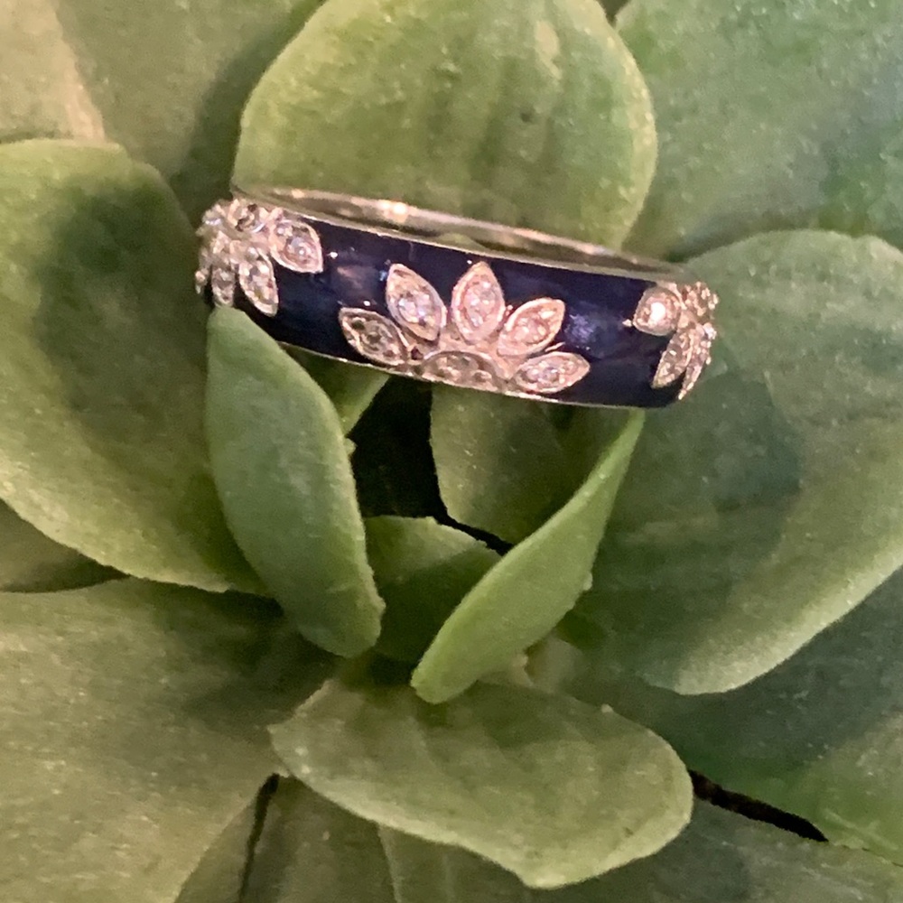 Blue Enamel and diamond silver ring size 6.5